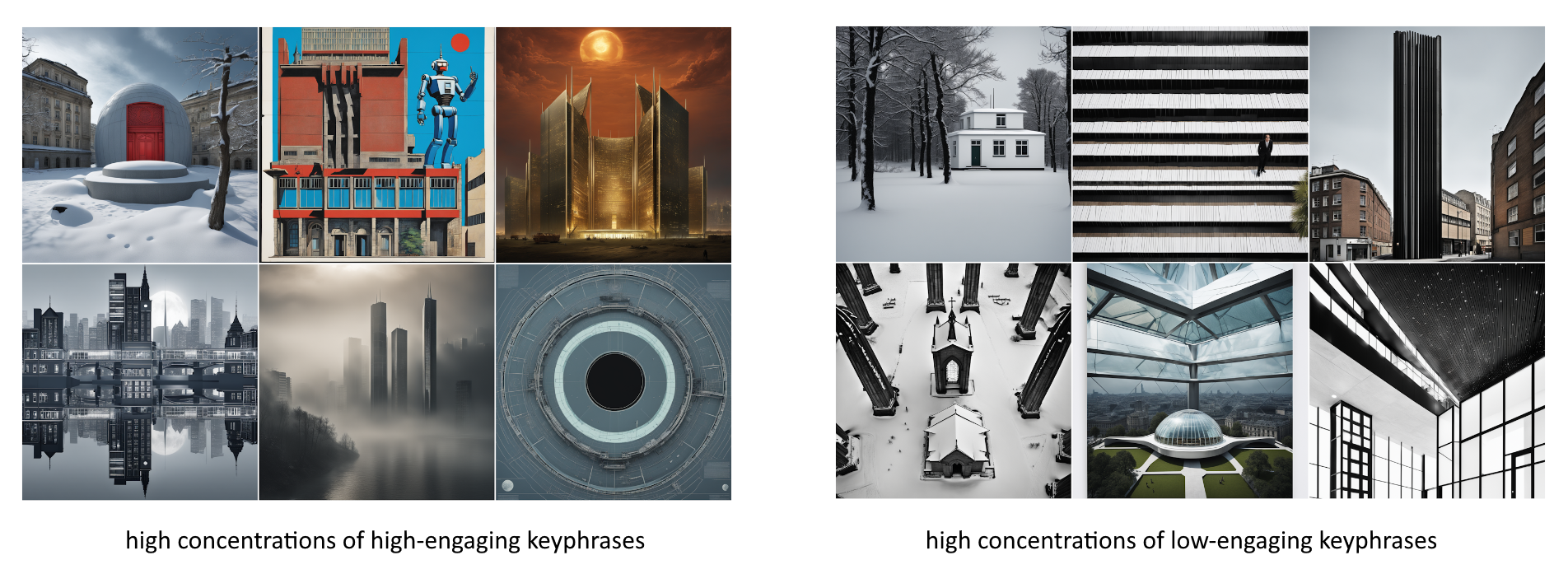 Freaking architecture: Examples of images corresponding to queries with high concentrations of high/low-engaging keyphrases.